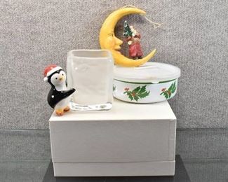 Vintage Lot of 4 Christmas Decor Items | Gorham 1978 Christmas Crystal Bowl in Box, Santa Moon Ornament, Etc.