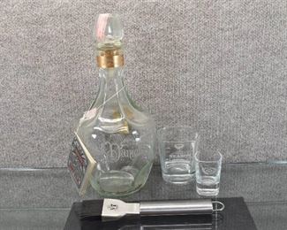 Vintage Lot of 4 Jack Daniels Decanter, Glasses, Kitchen Brush | Decanter 12.5"