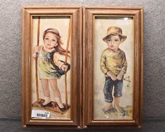 Vintage Pair of M. Medeiros Children Pictures | Girl on Swing, Boy with Slingshot | 17.75" x 8.75"