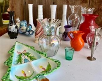 Several milk glass vases and Holt Howard