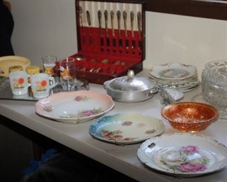 SILVER PLATE FLATWARE + PAINTED PLATTERS