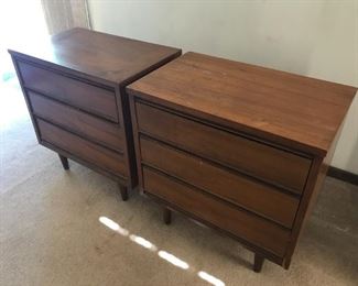 Pair of Midcentury Modern Dixie commodes (nightstands). Finishes need restoration but construction is solid.