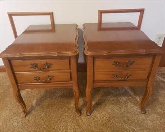 These beautiful end tables have been owned by this family since 1967. It just so happens that the number 67 is stamped on the bottom which may be the production year. Great quality furniture with general wear and tear. Please see the matching coffee table in this sale. Approximate measurements: Height 20.5” Depth 28” Width 22”
 https://ctbids.com/#!/description/share/932847
 