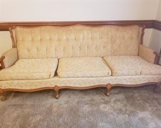 This light gold "Riverly House" couch is a solid piece of furniture. It does have small cushion tears on the front. I believe this is a great project piece and with some reupholstering, it can be a featured piece in your home. "Riverly House" was a brand name of Rhodes Furniture which signified quality at it's best from the 1960's. Please see the matching chair in this sale as well. The couch measures approximately 76" L and 30" W. https://ctbids.com/#!/description/share/932850
