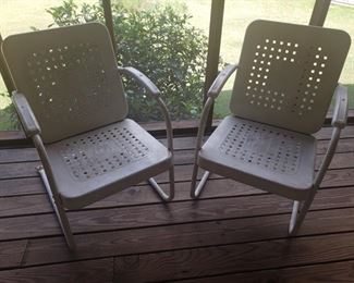 Wonderful pair of vintage metal lawn chairs, in the much sought after, basketweave design. Seats are approximately 19 1/2" wide x 20 1/2" deep. Please see the matching glider so you can have the entire set for your porch this summer!  https://ctbids.com/#!/description/share/932853
