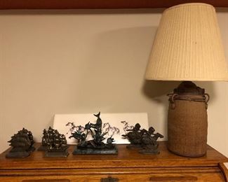 Vintage bookends; lamp with pottery base.