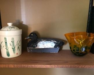 Duck decoy; art glass vase.