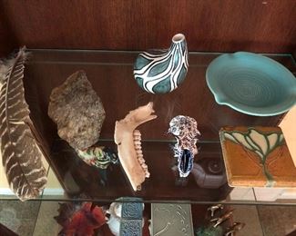Interesting selection of pottery and other items of interest, including a Motawi tile, Soholm vase (Denmark), and an ashtray by Van Briggle.