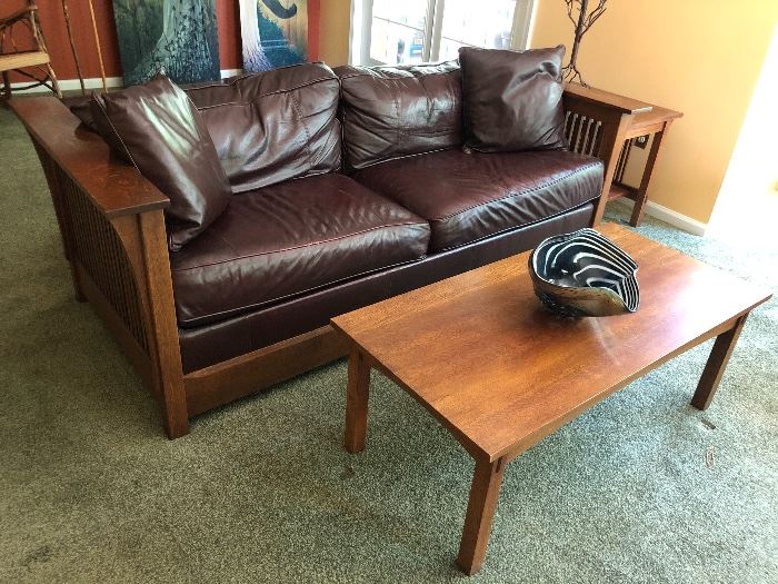 Stickley “Fayetteville” sleeper sofa in Prairie School style, with leather seating/cushions.