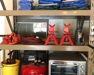 Porter-Cable 135 psi pancake compressor; pair of Banner 3-ton vehicle stands.