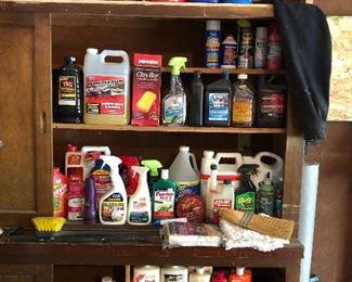 Various cleaners, yard and garden products, and automotive fluids in the garage.