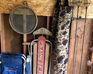 Near-new set of camp waders; rare “King of the Hill” sled; much for yard and garden.