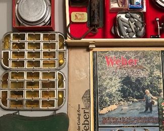 Vintage fishing lures, reels, tackle; vintage Weber fly tackle catalog.