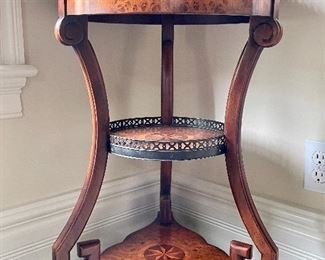 Item 32:  Theodore Alexander 3-Tier Lamp Table with empire burl veneer and parquetry hand inlaid stellar motif top - 18.25" x 28":  $335