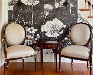 Item 48:  (2) Beautifully Upholstered Century Furniture French Oval Back Occasional Chairs with Gorgeous Carved Accents- 25"l x 22"w x 42.5"h: $545 for pair