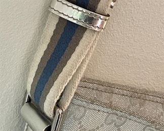 detail - tan, brown and blue canvas strap with silver leather accents
