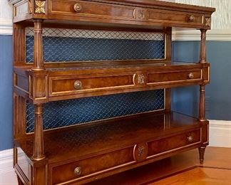 Item 248:  Karges Server feat. Burly Grafted Walnut on top, shelves and drawer fronts. The Walnut posts are hand carved. Brass grill and gallery. The cast brass hardware from Florence, Italy. - 46"l x 16.5"w x 41.5"h: $1450