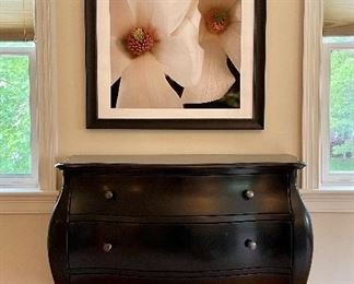Item 60:  "Magnolia" Signed Photograph (3/125) - 32.5" x 40":  $75 (  Please note that this item has no glass - appears to be an enlarged print on photographic paper and signed.)                                                                                                       Item 61:  Black Bombe Chest with Lined Drawers - 40"l x 16"w x 34"h:  $395                                               