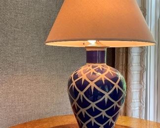 Item 79:  Beeline Home "Chicken Feather" Lamp by Bunny Williams, hand applied dark Chinese blue glaze   - 30": $345
