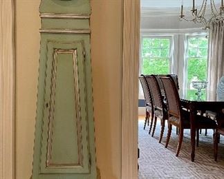 Item 78:  Ethan Allen Scandinavian Pine Tall Case Floor Clock, Painted Pale Blue (missing pendulums)- 17"l x 10"w x 75.5"h: $295