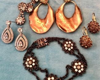 Item 234:  Rhinestone Dangle Earrings: $14                                            Item 235:  Oval Drop Earrings - stone missing: $5                                      Item 236:  Black Bracelet: $8                                                                                 Item 237:  Copper Wok Earrings: $14                                                              Item 238:  Round Floral Earrings, lever back: $10