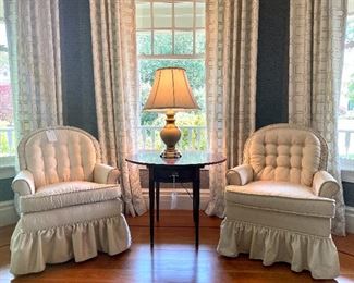 Item 45:  Darling Pair of Skirted, Tufted Back Swivel Arm Chairs - these are complementary - not matching material - 27"l x 17"w x 33.5"h: $575 for pair