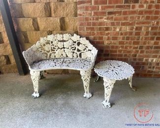 Vintage Outdoor Cast Iron Bench and Side Table