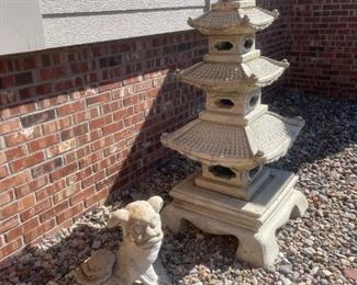 LARGE 5’ Tiered Concrete Pagoda Lantern and Foo Dogs