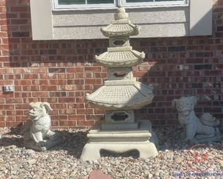 LARGE 5’ Tiered Concrete Pagoda Lantern and Foo Dogs