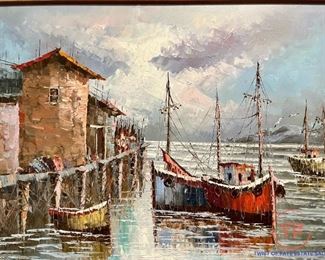 Original Oil on Canvas Harbor Scene by SIRRAT