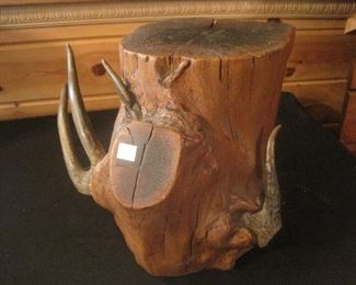 Vintage Tree Stump with Antlers End Table.