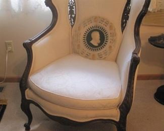 Vintage French Style Carved Wing Back Armchair.