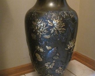 Large Bronze Floor Vase with raised Gold Chrysanthemum design.