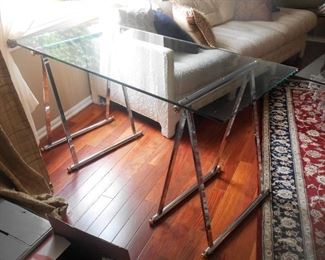 Mid Century Glass Top Console with Chrome A Frame Bases