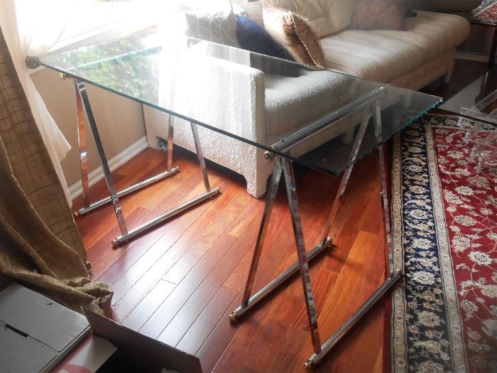 Mid Century Glass Top Console with Chrome A Frame Bases