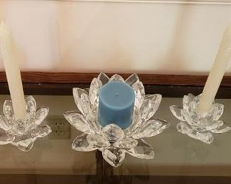 Shannon Crystal Lotus Candle Holders and Match Pair of Decanters