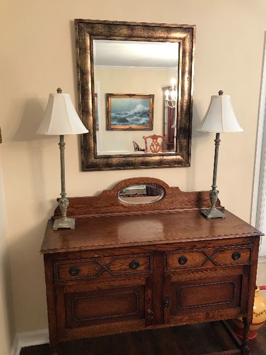 Solid Oak Antique Sideboard w/Mirror                                       Buffet Lamps (2)                                                                                     Framed Mirror