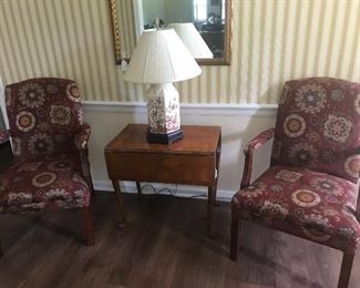 Hekman (Lexington, NC) Drop Leaf Side Table                Upholstered Arm Chairs (2)                                                           Asian Inspired Table Lamp       