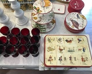 Vintage Red Depression Glass                                             Williams Sonoma Christmas Carols 3 Tier Tray                  Williams Sonoma 12 Days of Christmas Placemats & Appetizer Plates