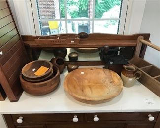 Vintage Wood Dough Bowl/Salad Bowl Set/Nut Set/Cracker Tray                                                                                 Folding Wood Slatted Bed Trays (2)