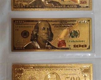 24 K Gold Plated Paper Currency - $50, $100, $500