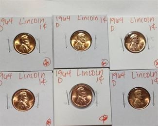 Six BU 1964 D Lincoln Pennies