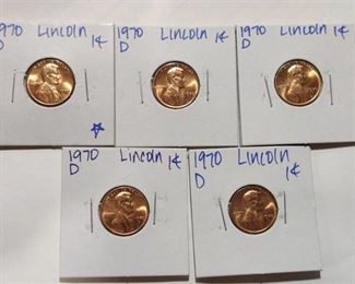 Five BU 1970 D Lincoln Pennies