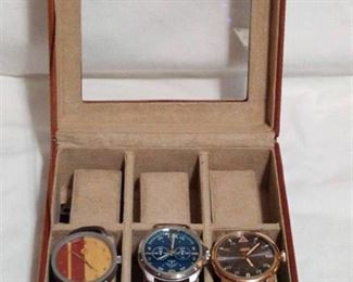 Three men's Fossil watches and watch box with lock and key