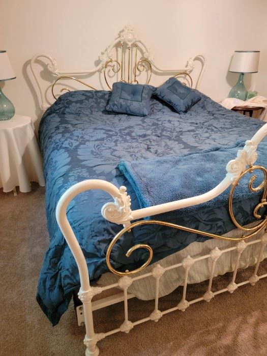 VINTAGE KING SIZE ELLIOTT WHITE ENAMELED IRON BED WITH BRASS ACCENT