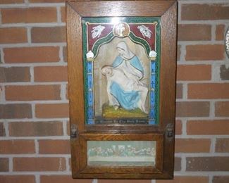 Antique 19th c. "Blessed Be Thy Holy Name" Oak Last Rites Shadow Box Wall SHR