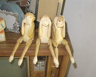 3 Wooden Swinging Monkeys Hear See Speak No Evil