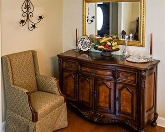 FURNITURE: 19TH C. Twin Beds (Goodwood Plantation); French Country styled oval table; Duncan Phyfe Banquet Table w/12 Chairs; 19th C. Slant top desk; Ornately carved early 20th C. Fern Stands; Two Vintage China Cabinets (Vitrines); French Bombe’ styled end tables; Arched French Headboard with painted gold appointments; French Armoire w/wire & curtained front; French styled, bowed Dresser; Two rolled-topped tambour desks (mahogany/oak); Antique writing desk (Goodwood Plantation); sofa (overstuffed) & several lift chairs; vintage occasional tables–pie crust table, tilt-top tea table with satinwood inlay and occasional, vintage end tables, lovely area rugs