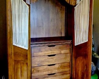 FURNITURE: 19TH C. Twin Beds (Goodwood Plantation); French Country styled oval table; Duncan Phyfe Banquet Table w/12 Chairs; 19th C. Slant top desk; Ornately carved early 20th C. Fern Stands; Two Vintage China Cabinets (Vitrines); French Bombe’ styled end tables; Arched French Headboard with painted gold appointments; French Armoire w/wire & curtained front; French styled, bowed Dresser; Two rolled-topped tambour desks (mahogany/oak); Antique writing desk (Goodwood Plantation); sofa (overstuffed) & several lift chairs; vintage occasional tables–pie crust table, tilt-top tea table with satinwood inlay and occasional, vintage end tables, lovely area rugs