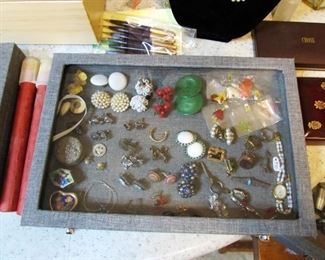 Beautiful costume jewelry - necklaces, rings, bracelets, pins, earrings, watches, knives, WW2 memorabilia & more.